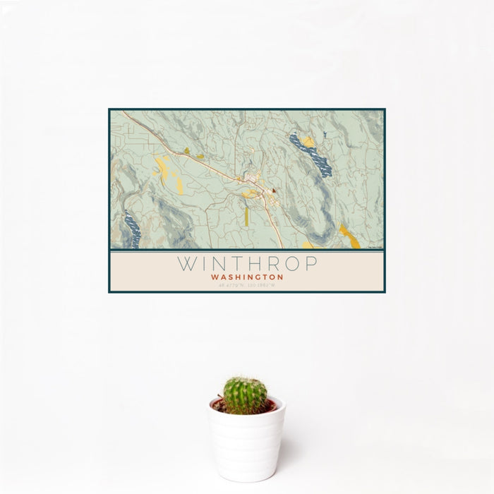 12x18 Winthrop Washington Map Print Landscape Orientation in Woodblock Style With Small Cactus Plant in White Planter