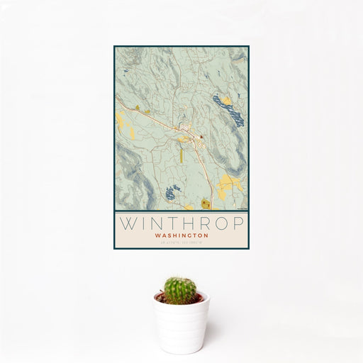 12x18 Winthrop Washington Map Print Portrait Orientation in Woodblock Style With Small Cactus Plant in White Planter