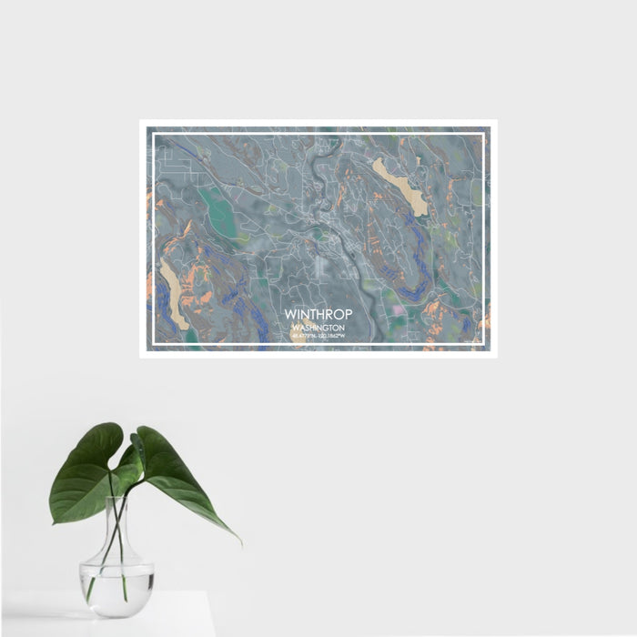 16x24 Winthrop Washington Map Print Landscape Orientation in Afternoon Style With Tropical Plant Leaves in Water