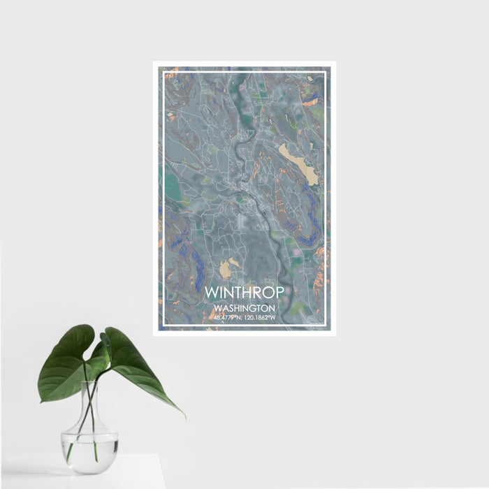 16x24 Winthrop Washington Map Print Portrait Orientation in Afternoon Style With Tropical Plant Leaves in Water