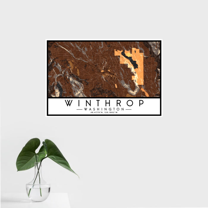 16x24 Winthrop Washington Map Print Landscape Orientation in Ember Style With Tropical Plant Leaves in Water