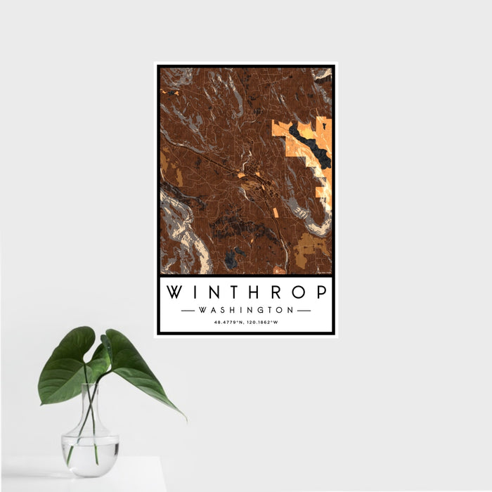 16x24 Winthrop Washington Map Print Portrait Orientation in Ember Style With Tropical Plant Leaves in Water