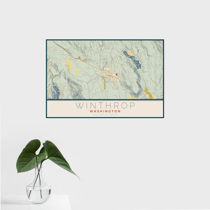 16x24 Winthrop Washington Map Print Landscape Orientation in Woodblock Style With Tropical Plant Leaves in Water
