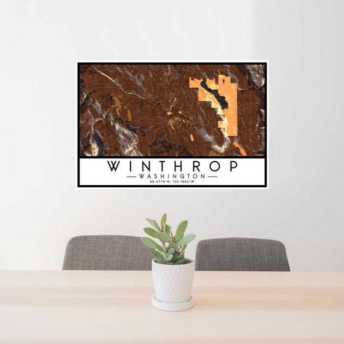 24x36 Winthrop Washington Map Print Lanscape Orientation in Ember Style Behind 2 Chairs Table and Potted Plant