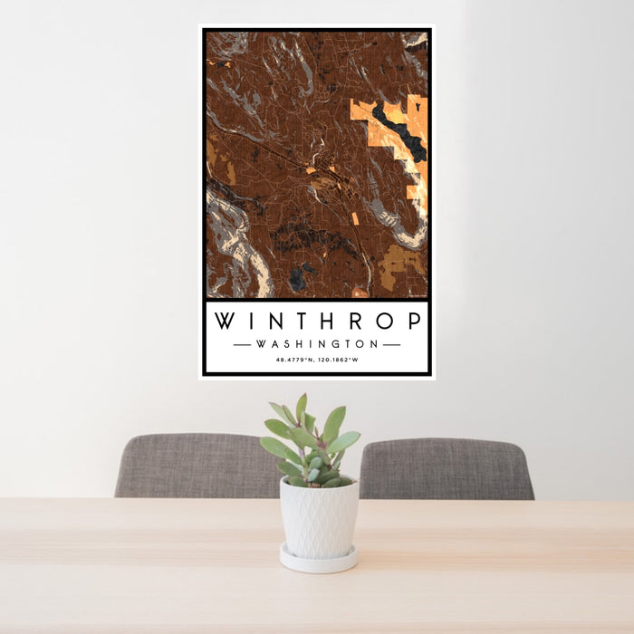 24x36 Winthrop Washington Map Print Portrait Orientation in Ember Style Behind 2 Chairs Table and Potted Plant