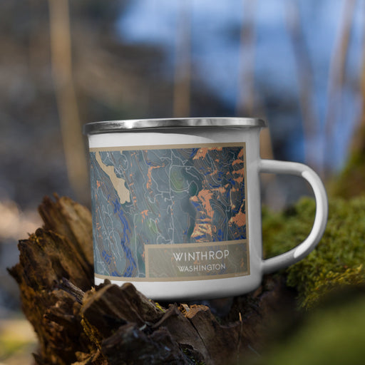Right View Custom Winthrop Washington Map Enamel Mug in Afternoon on Grass With Trees in Background
