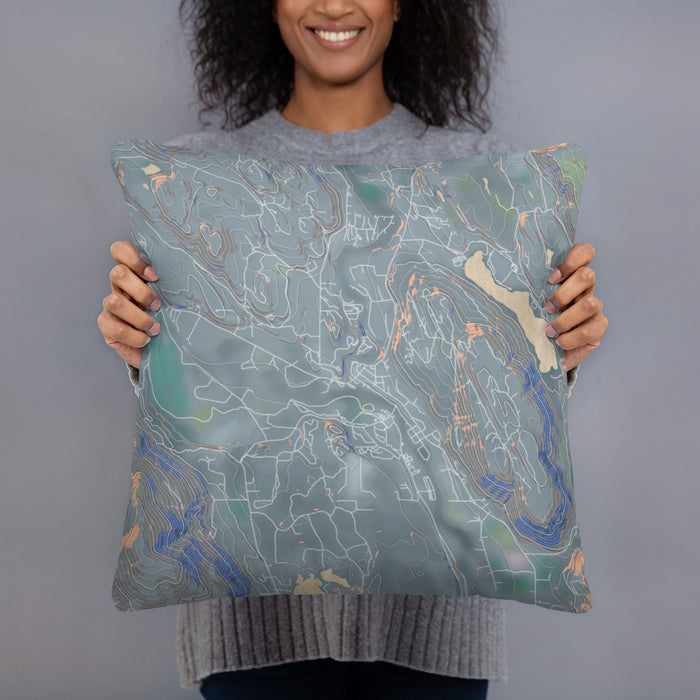 Person holding 18x18 Custom Winthrop Washington Map Throw Pillow in Afternoon