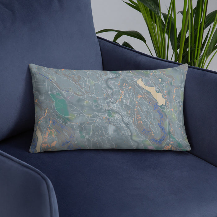 Custom Winthrop Washington Map Throw Pillow in Afternoon on Blue Colored Chair