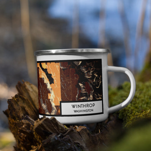 Right View Custom Winthrop Washington Map Enamel Mug in Ember on Grass With Trees in Background