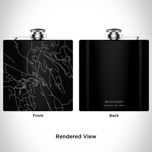 Rendered View of Winthrop Washington Map Engraving on 6oz Stainless Steel Flask in Black