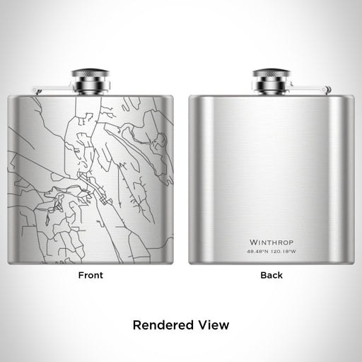 Rendered View of Winthrop Washington Map Engraving on 6oz Stainless Steel Flask
