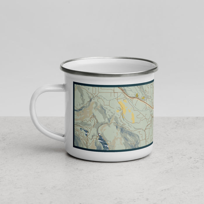 Left View Custom Winthrop Washington Map Enamel Mug in Woodblock