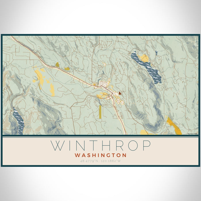 Winthrop Washington Map Print Landscape Orientation in Woodblock Style With Shaded Background