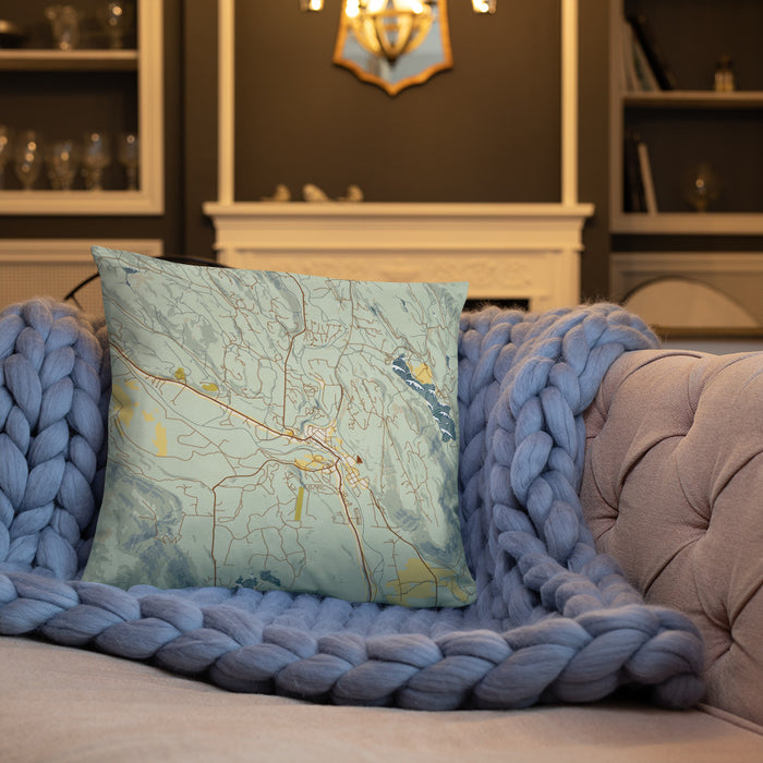 Custom Winthrop Washington Map Throw Pillow in Woodblock on Cream Colored Couch