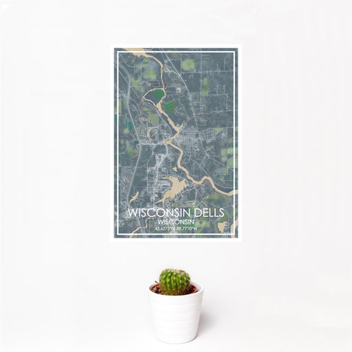 12x18 Wisconsin Dells Wisconsin Map Print Portrait Orientation in Afternoon Style With Small Cactus Plant in White Planter