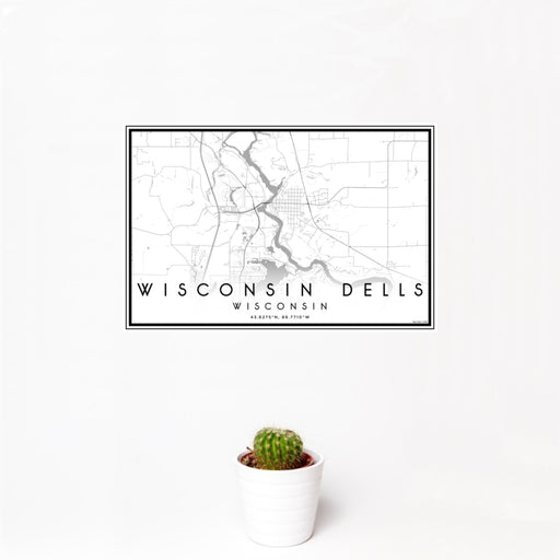 12x18 Wisconsin Dells Wisconsin Map Print Landscape Orientation in Classic Style With Small Cactus Plant in White Planter