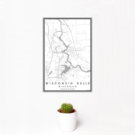12x18 Wisconsin Dells Wisconsin Map Print Portrait Orientation in Classic Style With Small Cactus Plant in White Planter