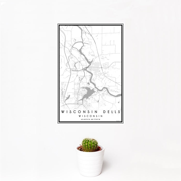 12x18 Wisconsin Dells Wisconsin Map Print Portrait Orientation in Classic Style With Small Cactus Plant in White Planter