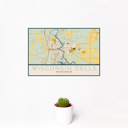 12x18 Wisconsin Dells Wisconsin Map Print Landscape Orientation in Woodblock Style With Small Cactus Plant in White Planter