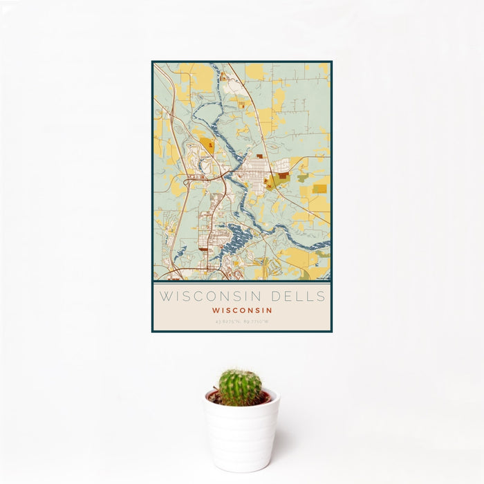 12x18 Wisconsin Dells Wisconsin Map Print Portrait Orientation in Woodblock Style With Small Cactus Plant in White Planter