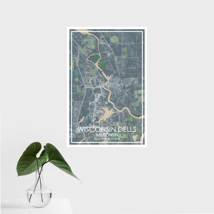 16x24 Wisconsin Dells Wisconsin Map Print Portrait Orientation in Afternoon Style With Tropical Plant Leaves in Water