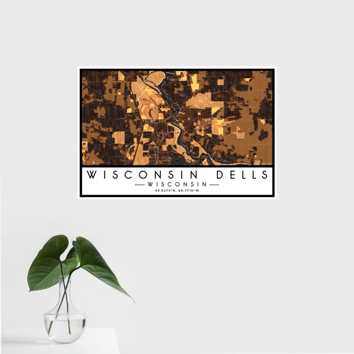 16x24 Wisconsin Dells Wisconsin Map Print Landscape Orientation in Ember Style With Tropical Plant Leaves in Water