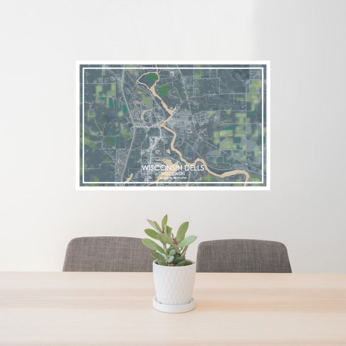 24x36 Wisconsin Dells Wisconsin Map Print Lanscape Orientation in Afternoon Style Behind 2 Chairs Table and Potted Plant