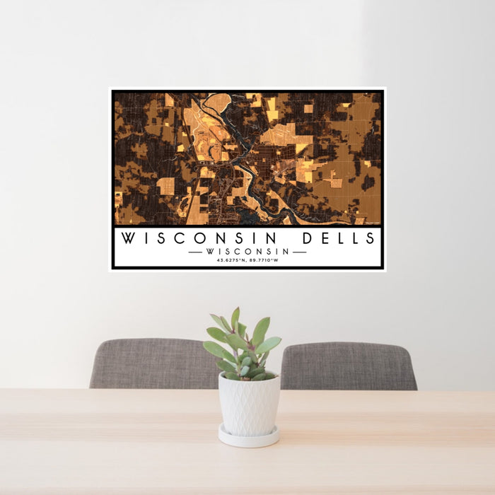 24x36 Wisconsin Dells Wisconsin Map Print Lanscape Orientation in Ember Style Behind 2 Chairs Table and Potted Plant