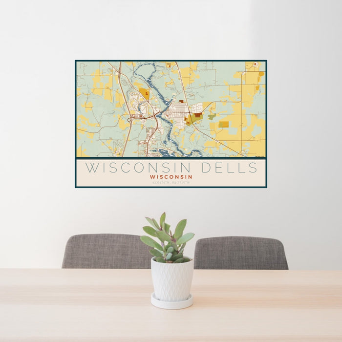 24x36 Wisconsin Dells Wisconsin Map Print Lanscape Orientation in Woodblock Style Behind 2 Chairs Table and Potted Plant