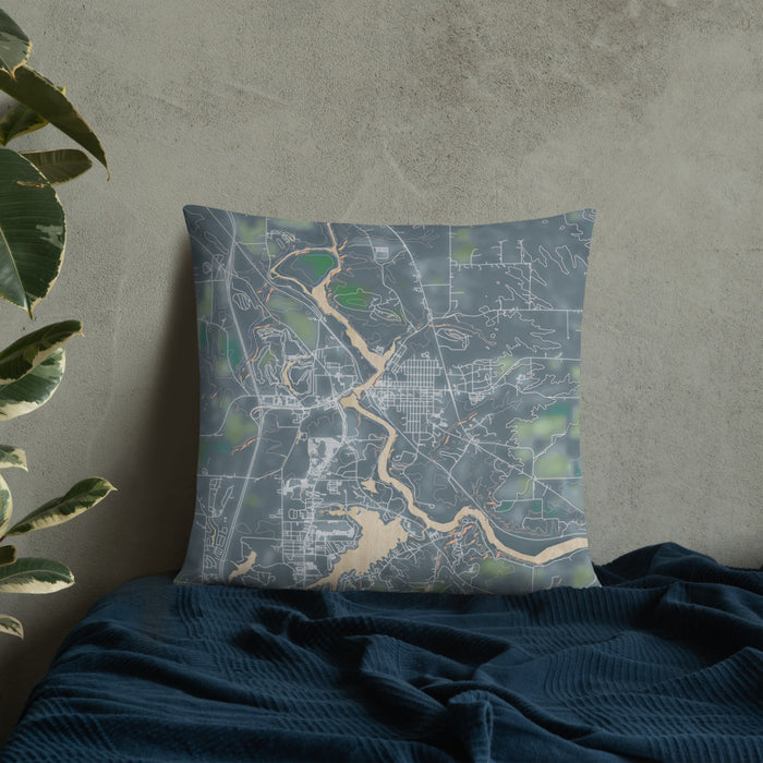 Custom Wisconsin Dells Wisconsin Map Throw Pillow in Afternoon on Bedding Against Wall