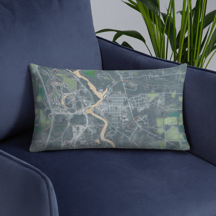 Custom Wisconsin Dells Wisconsin Map Throw Pillow in Afternoon on Blue Colored Chair