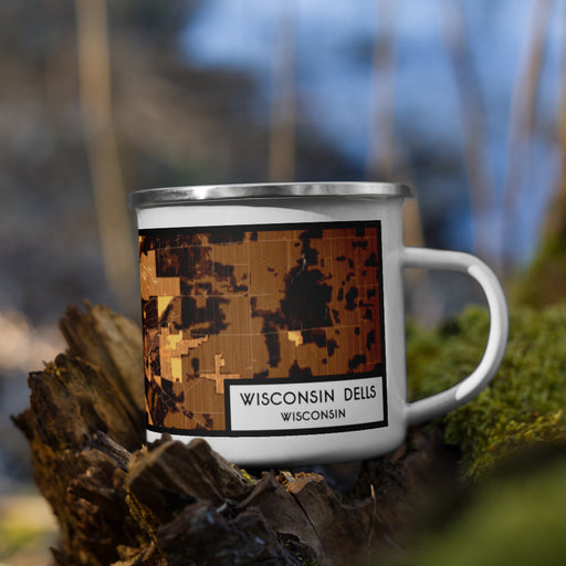 Right View Custom Wisconsin Dells Wisconsin Map Enamel Mug in Ember on Grass With Trees in Background