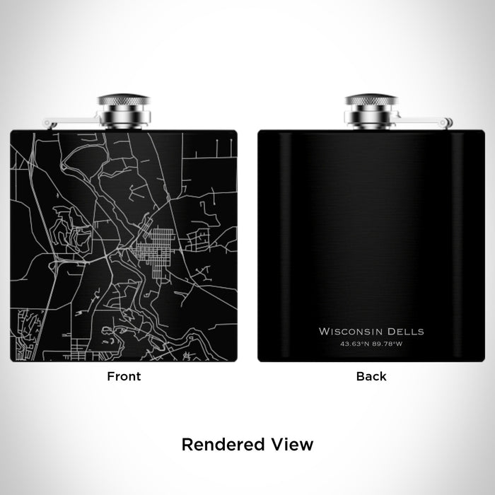Rendered View of Wisconsin Dells Wisconsin Map Engraving on 6oz Stainless Steel Flask in Black