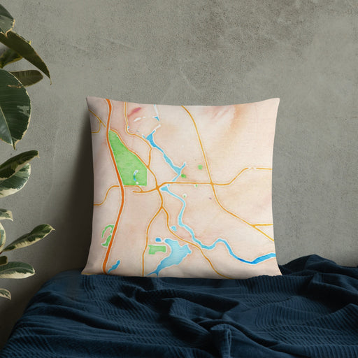 Custom Wisconsin Dells Wisconsin Map Throw Pillow in Watercolor on Bedding Against Wall