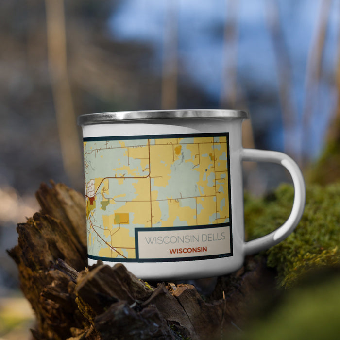 Right View Custom Wisconsin Dells Wisconsin Map Enamel Mug in Woodblock on Grass With Trees in Background