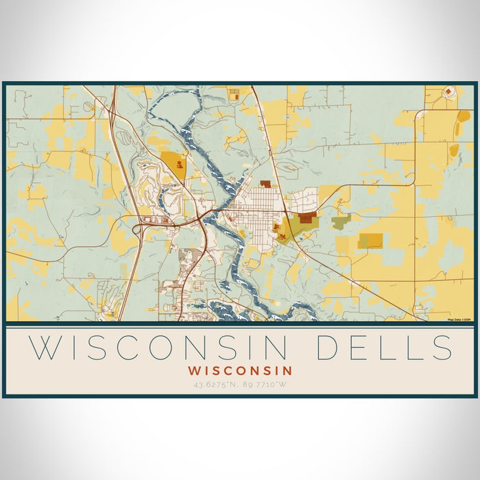 Wisconsin Dells Wisconsin Map Print Landscape Orientation in Woodblock Style With Shaded Background