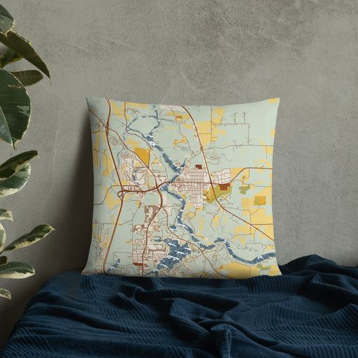 Custom Wisconsin Dells Wisconsin Map Throw Pillow in Woodblock on Bedding Against Wall