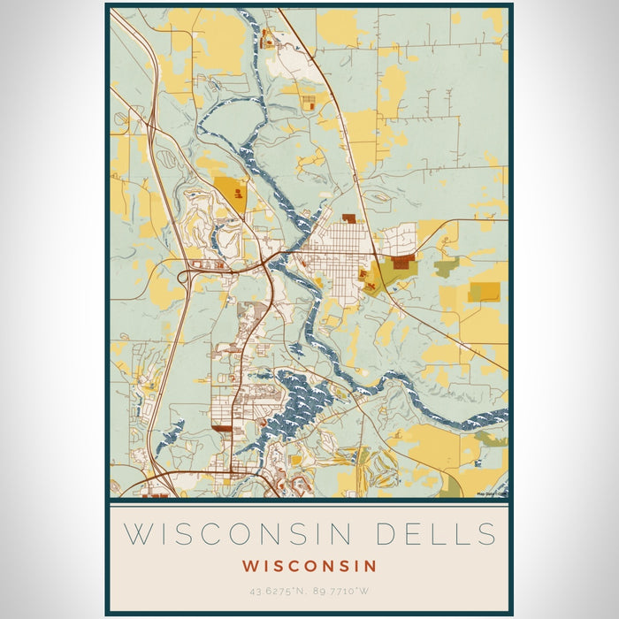 Wisconsin Dells Wisconsin Map Print Portrait Orientation in Woodblock Style With Shaded Background