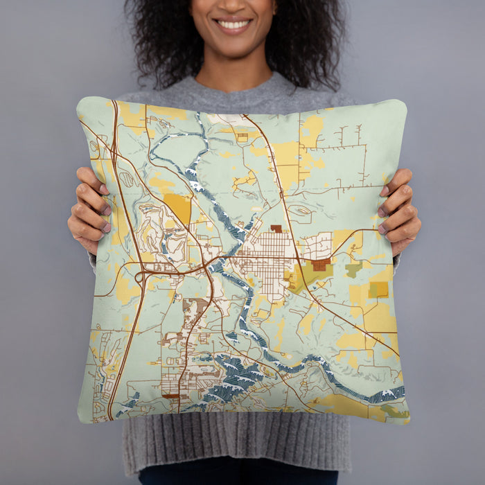 Person holding 18x18 Custom Wisconsin Dells Wisconsin Map Throw Pillow in Woodblock