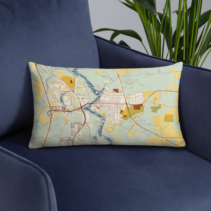 Custom Wisconsin Dells Wisconsin Map Throw Pillow in Woodblock on Blue Colored Chair