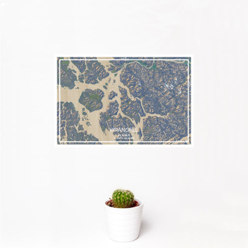 12x18 Wrangell Alaska Map Print Landscape Orientation in Afternoon Style With Small Cactus Plant in White Planter