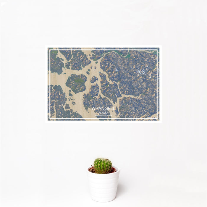 12x18 Wrangell Alaska Map Print Landscape Orientation in Afternoon Style With Small Cactus Plant in White Planter