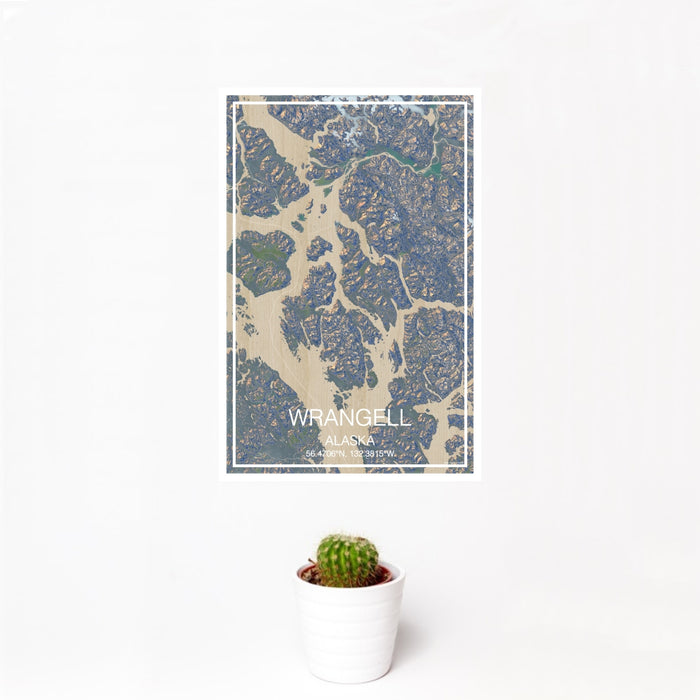 12x18 Wrangell Alaska Map Print Portrait Orientation in Afternoon Style With Small Cactus Plant in White Planter