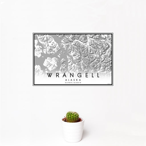 12x18 Wrangell Alaska Map Print Landscape Orientation in Classic Style With Small Cactus Plant in White Planter