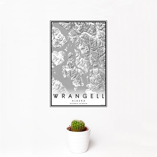 12x18 Wrangell Alaska Map Print Portrait Orientation in Classic Style With Small Cactus Plant in White Planter