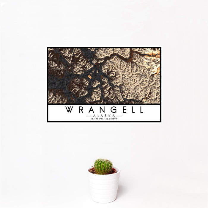 12x18 Wrangell Alaska Map Print Landscape Orientation in Ember Style With Small Cactus Plant in White Planter