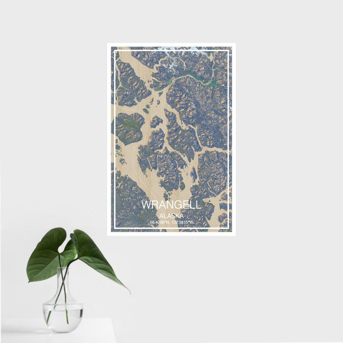 16x24 Wrangell Alaska Map Print Portrait Orientation in Afternoon Style With Tropical Plant Leaves in Water
