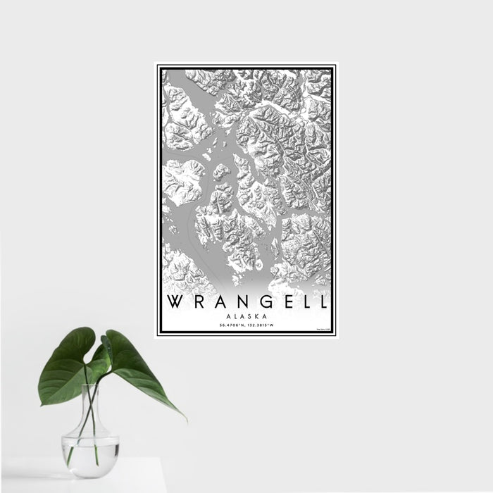 16x24 Wrangell Alaska Map Print Portrait Orientation in Classic Style With Tropical Plant Leaves in Water