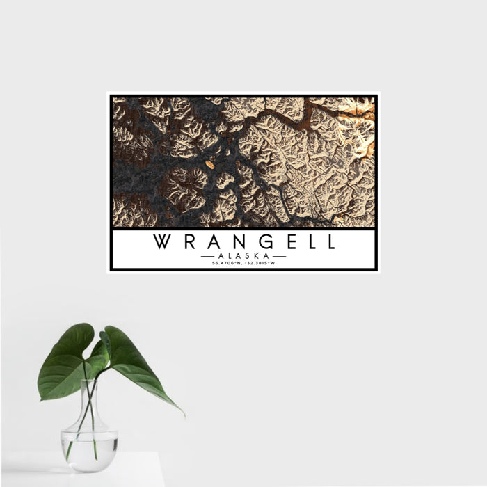 16x24 Wrangell Alaska Map Print Landscape Orientation in Ember Style With Tropical Plant Leaves in Water