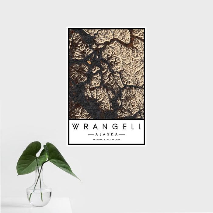 16x24 Wrangell Alaska Map Print Portrait Orientation in Ember Style With Tropical Plant Leaves in Water